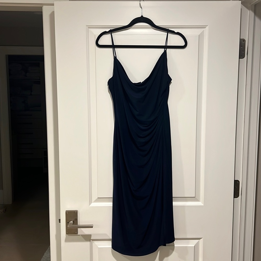 Navy blue laundry drape neck dress.